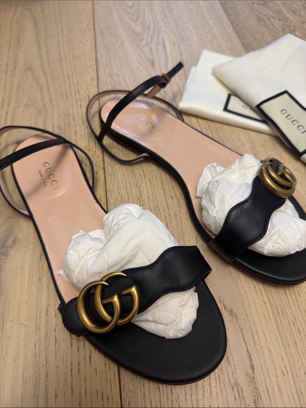 Gucci Black Leather GG Double G Open-Toe Flat Sandals with Gold Hardware